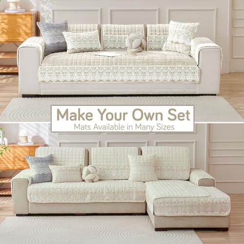 Image of HOKIPO 'BelleLace Series' Imperial Milk Velvet Sofa Cover Mat with Lace Design| Make Your Own Sofa Cover Set, Mat Length 90(D) x 60(L) cm, Pearl White (AR-5962-WHT)