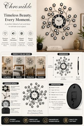 Image of CHRONIKLE Beautiful Diamond Series Analog Floral Design Round Metal Crystal Wall Clock for Living Room Home Decorations Office Gifts (Size: 57 x 5 x 57 CM | Color: Black | Weight: 1030 Gram)