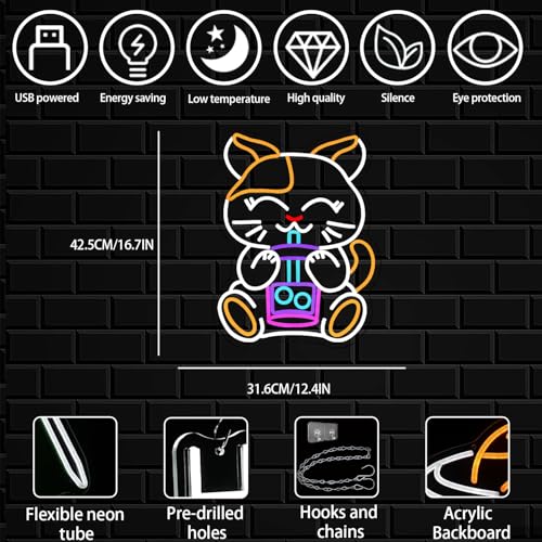 Image of Cat Boba Tea Neon Sign for Wall Decor, Dimmable Cute Cat Neon Light Bubble Tea Led Signs for Cafe Bar Kitchen Restaurant Coffee Store Bar Milk Tea Shop