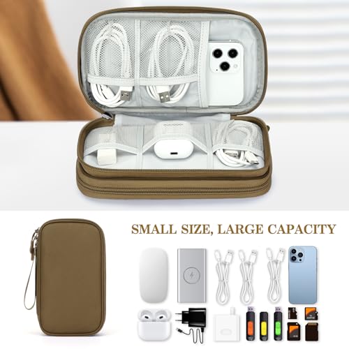 Image of FYY Electronic Organizer, Travel Cable Organizer Bag Pouch Electronic Accessories Carry Case Portable Waterproof Double Layers Storage Bag for Cable, Charger, Phone, Earphone, Medium Size, Brown