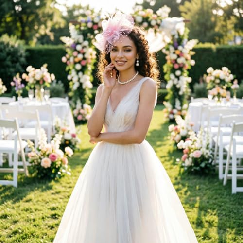 Image of DRESHOW Fascinators Hat Flower Mesh Ribbons Feathers on a Headband and a Clip Tea Party Headwear for Girls and Women