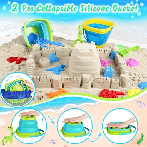 Beach Toys, 36Pcs Dinosaur Sand Toys for Kids Toddlers, Sandbox Toys with 2 Truck, Collapsible Beach Bucket, Mesh Bag, Sand Molds, Sand Castle Building Kit, Travel Beach Toy for Kids Toddlers Ages3-12