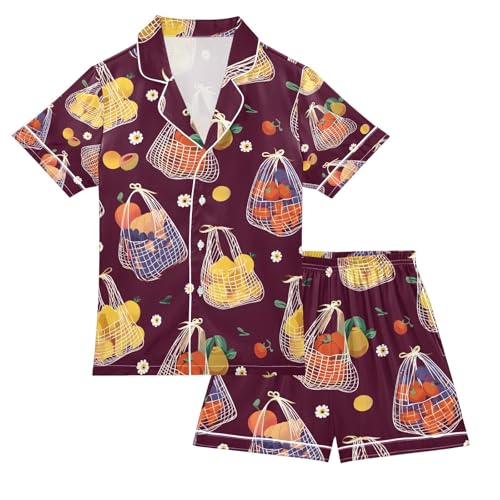 senya Fruit Bag Pattern Satin Summer Pajama Sets Silk Short Sleeve Button Down Sleepwear