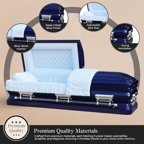 Overnight Caskets - Sterling Steel Funeral Casket Cobalt Blue with Blue Interior - Premium 18 Gauge Steel - Fully Appointed Adult Casket - Coffin Featuring Plush Velvet Interior with Pillow/Throw Set - Thumbnail 2