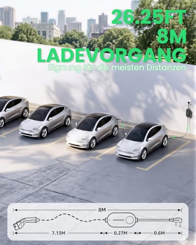 GONEO Ładowarka typu 2 EV Schuko 3,68 kW 16 A (regulacja 6-16 A), 8 m 1-fazowy 230 V przenośny kabel ładujący, przenośny Wallbox z wyświetlaczem LCD, timerem i IP66, do ID.3 ID.4 Zoe model 3 Q3 X3