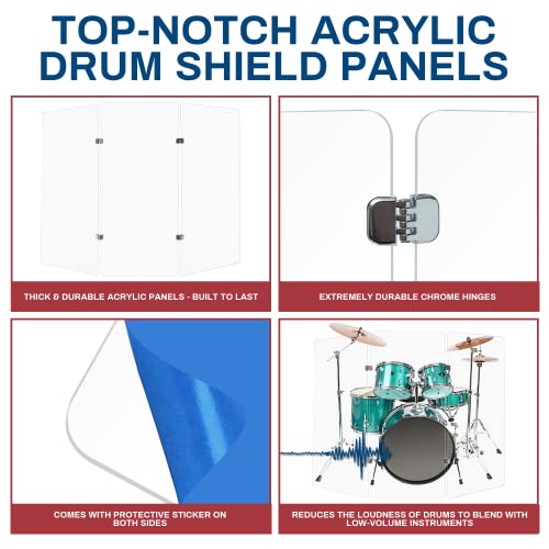 Pennzoni 4Ft Drum Shield W/Chrome Hinges, Comes W/ 3 Drum Panels, & 4 Chrome Hinges, Premium Clear Acrylic Panels, Drum Screen #TOP3