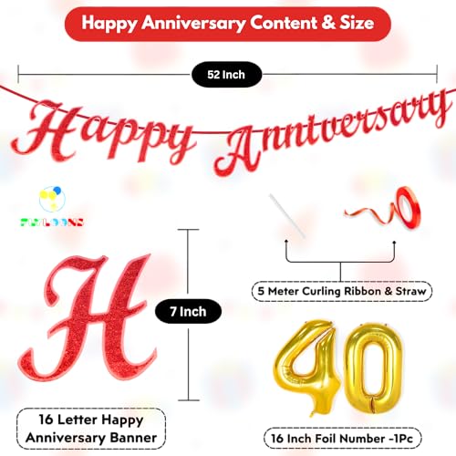 Image of Flyloons 40th Happy Anniversary Banner Red Decorations Kit for Men Women Wedding Anniversary Banner Items without Balloons