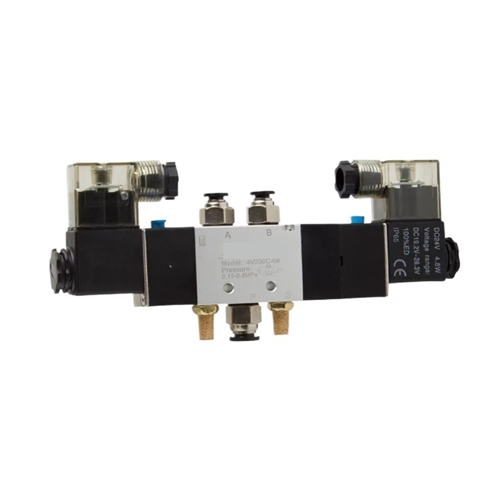 JJKKOZVQF 4V130C-06 4V230E-08 4V330P-10 4V430C-15 Pneumatic 5 Way Center Close Air Solenoid Valve Block Manifold PlateAC220V DC24V(4V230P-08 DC24V,With 8mm fittings)