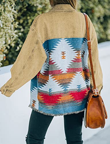 Haellun Women's Aztec Shacket Distressed Lapel Long Sleeve Button Down Jean Denim Jacket Coat2