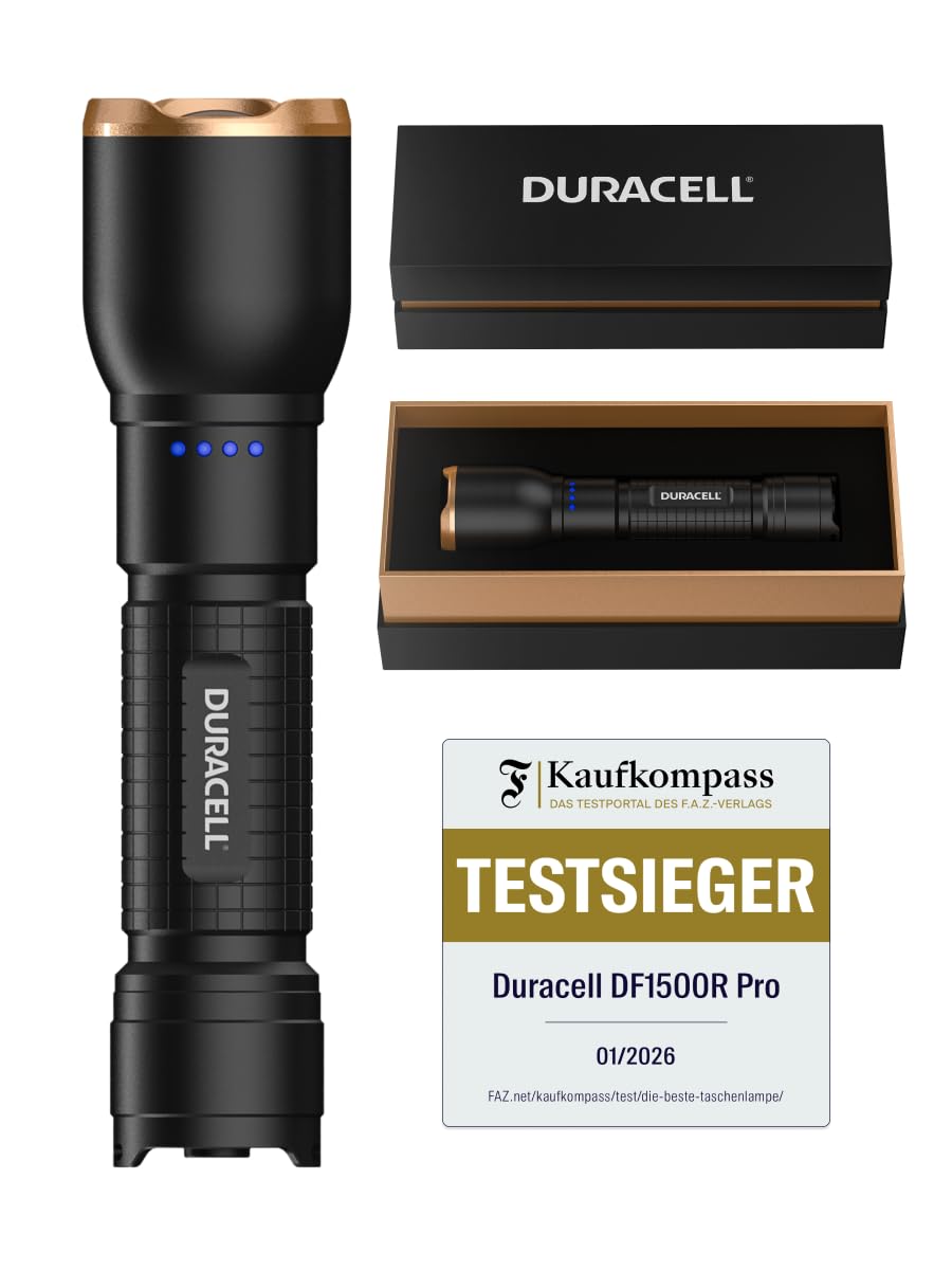 Duracell LED Taschenlampe DF1500R Pro – 1500 Lumen, fokussierbar, 145 m Leuchtweite, Outdoor & Werkstatt, USB-C wiederaufladbar, 21700 Li-Ion Akku, spritzwassergeschützt, inkl. Geschenkbox