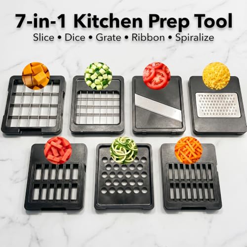 Image of OVENTE 7-in-1 Vegetable Chopper and Mandoline Slicer, White MD71W | With 7 Interchangeable Blades and Safety Gloves, Multifunctional Kitchen Gadget for Fruit, Onion, Potato, Cucumber & More