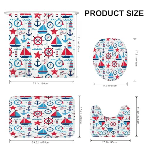 Ensemble de rideaux de douche en polyester de qualité supérieure au design marin rouge