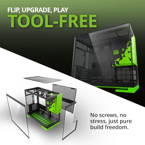 Image of Geometric Future Model 3 Panoramic Tempered Glass Dual Chamber Micro-ATX Tower PC Case, 5 Pre-Installed 120mm x 30mm PWM ARGB Fans, USB Type-C, 360mm Radiator Support, Black /Green, GEO-M3F-BNV