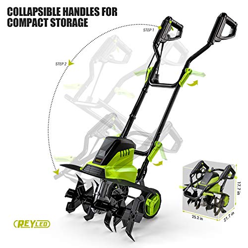 REYLEO Electric Tiller, Cultivator, 18\" 13.5-AMP Powerful Corded Tiller, Adjustable Tilling Width(18\"/12.5\"), 8\" Working Depth, Removable Blade, One-Key Transport Wheel, Foldable Handle - RT02A