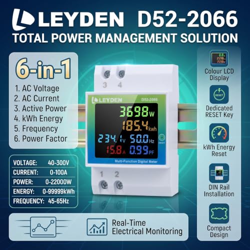 Image of LEYDEN D52-2066 6-in-1 Multi Function Digital Meter | AC 40-300V, 0-100A, 45-65Hz | Watt, kWh, Voltage, Current, Frequency & Power Factor Meter | Colour LCD | DIN Rail Mount
