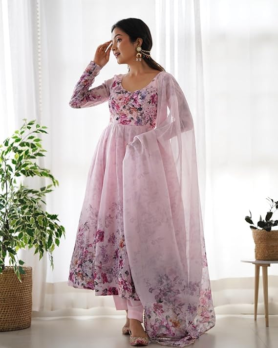 Image of KD Women's Floral Printed Georgette Anarkali Kurta Set With Dupatta, Traditional Salwar Suit, Long Sleeve Ethnic Dress