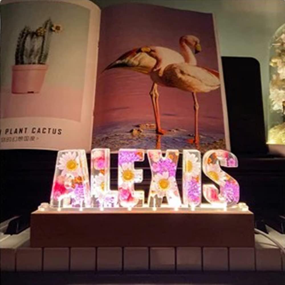 Custom Dried Flower Letters Night Light Lamp with Name for Bedroom Silicone Molds with Wooden Lighted Base for Resin Craft, Home Decor