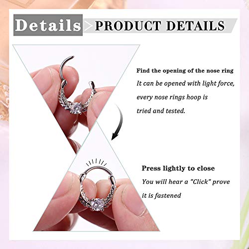 LOYALLOOK 8PCS 16G Septum Clicker Ring Stainless Steel CZ Opal Cartilage Helix Tragus Hoop Daith Earrings Nose Rings Hoop Hinged Segment Clicker Ring Piercing Jewelry2