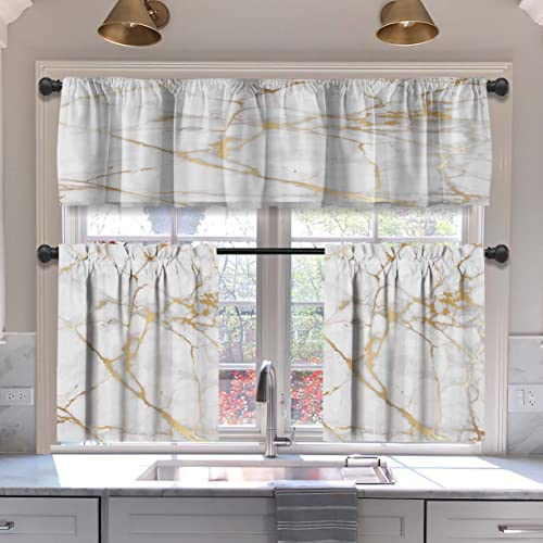 Mcalk Luxury Gold Marble Kitchen Curtains Tiers And Valances Set 3 Piece For Windows White Background Kitchen Window Curtains Set,Modern Vintage Style Valances For Living Room(36" Tiers Set) #TOP17