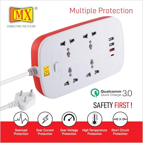 Image of MX Power Strip Extension Board with USB Ports 3250W multiplug Sockets Extension Cord 13Amp 3 Universal Socket + 3 USB + C Ports Fast Charger Multi Port Extension Heavy Duty Cord 3 Meter with Switch