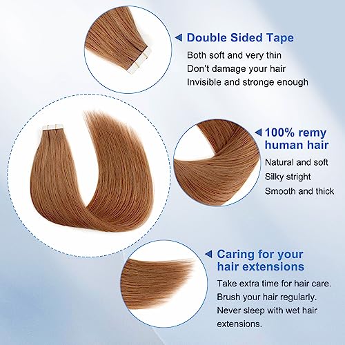 Image of Sixstarhair Invisible Tape In Hair Extensions Real Human Hair Medium Auburn Remy Tape Hair Extensions for Women Red Brown Extensions 20 Pieces 50g [Color #30 18 inch]