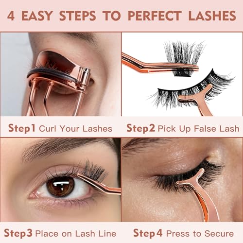 Pretty memory 5-in-1 Lash Applicator Tool Kit – Eyelash Applicator, Tweezers, Curler and Scissors Set for Easy False Eyelash Application, for Strip Lashes and DIY Cluster Extensions, Rose Gold