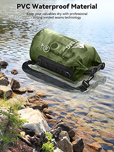 Image of HEETA Dry Bag Waterproof for Women Men, Roll Top Lightweight Dry Storage Bag Backpack with Phone Case for Travel Swimming Boating Kayaking Paddle Board Camping Beach Accessories (Pitch Green, 40L)