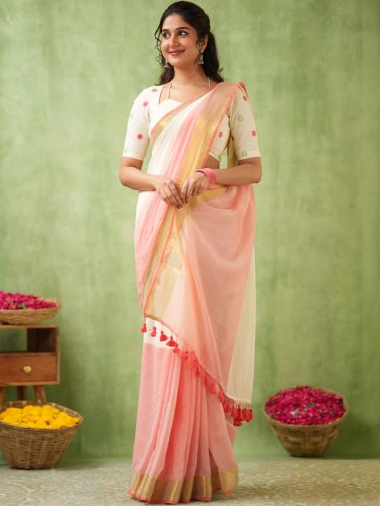 Image of Women's Cotton Silk Handloom Plain Solid Golden Zari Border Saree with Unstitched Blouse Piece | 5.5 Meter Saree + 0.8 Meter Blouse Piece | Traditional Ethnic Wear