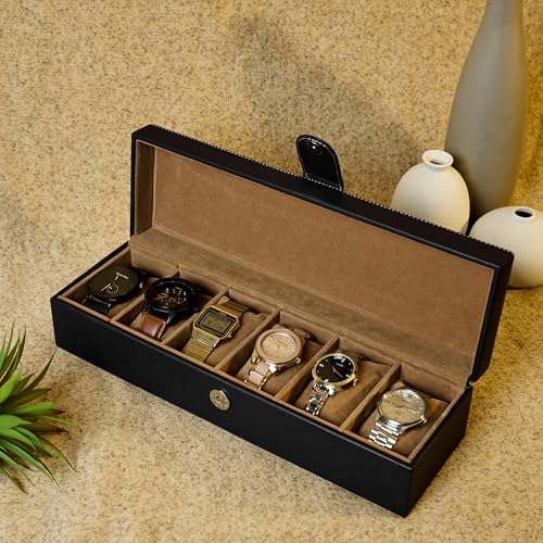 Image of Leather World Faux Leather Watch Box Organizer - Watch Case Box Men - Watch Organizer Storage Tray Women - Wrist Watch Holder 6 Slots - Sleek And Display Case - Black