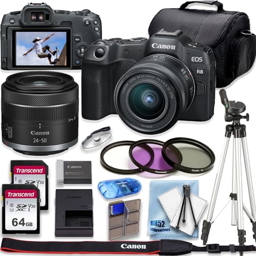 Canon EOS R8 4K Video Recording Mirrorless Camera with 24-50mm Lens, 2 X 64GB Fast Transcend Memory + Deluxe Accessory Bundle, Black (Renewed)