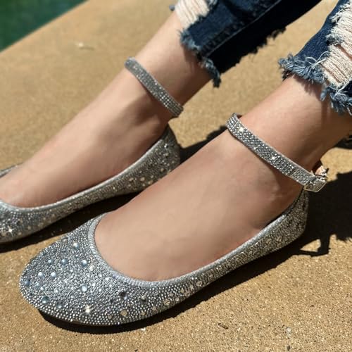 Forever Link Womens Closed Toe Ballet Ballerina Rhinestone Crystal Ankle Strap Flat Sandals Shoes3