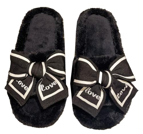 Fuzzy Bow Slippers for Women Winter Bedroom Warm Slippers with Anti-Skid Sole Cozy House Home Open Toe Shoes
