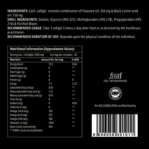 Image of Curegarden Flax 'N' Cumin - Flaxseed Oil Capsules with Black Cumin Oil - Softgels for Healthy Hair & Skin - Dairy & Gluten Free - Certified - 500mg - 90 Capsules