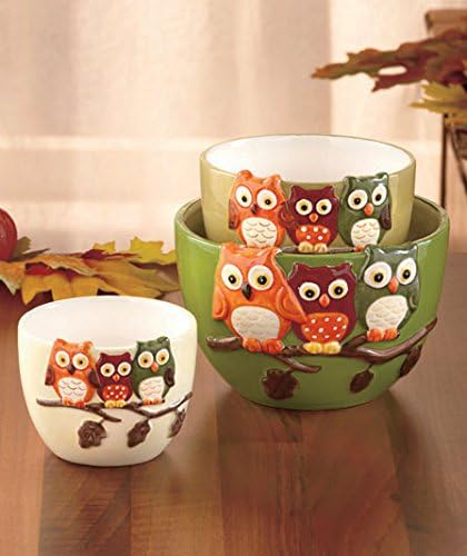 Set of 3 Stoneware Harvest Owl Tabletop Bowls 10 Ounces 20 Ounces 37 Ounces