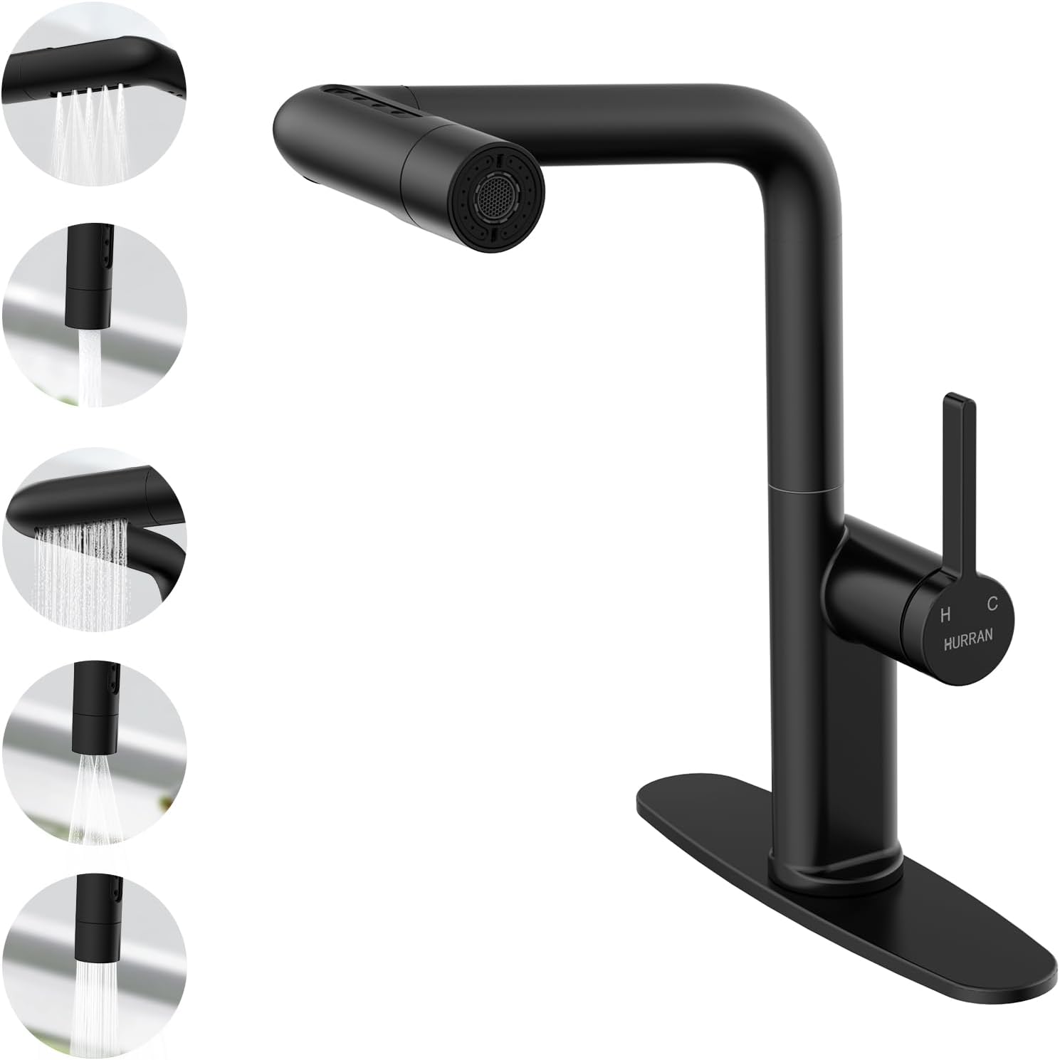 Waterfall Kitchen Faucet with Pull Down Sprayer, Hurran Kitchen Sink Faucets with 5 Spout Modes, 360° Swivel Single Handle Faucet with Deck Plate, Brushed Nickel