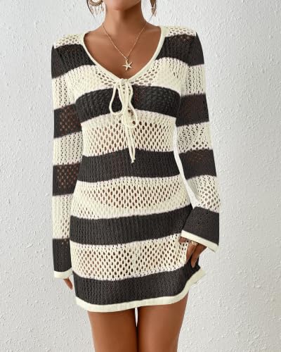Image of Bsubseach Women Swimsuit Crochet Coverup Long Sleeve V Neck Beach Dress