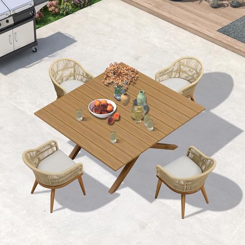 Image of PURPLE LEAF 5 Pieces Oversized Square Patio Dining Set with Outdoor Aluminium Dining Table and Woven Chairs Modern Metal Furniture Cushions Sets for Garden Yard Indoor Decor Kitchen Teak