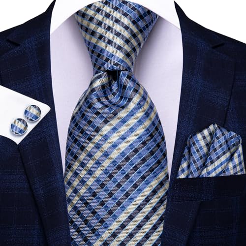 Image of Hi-Tie Mens Plaid Ties Classic Paisley Necktie with Handkerchief Cufflinks Set Business Stripe Tie