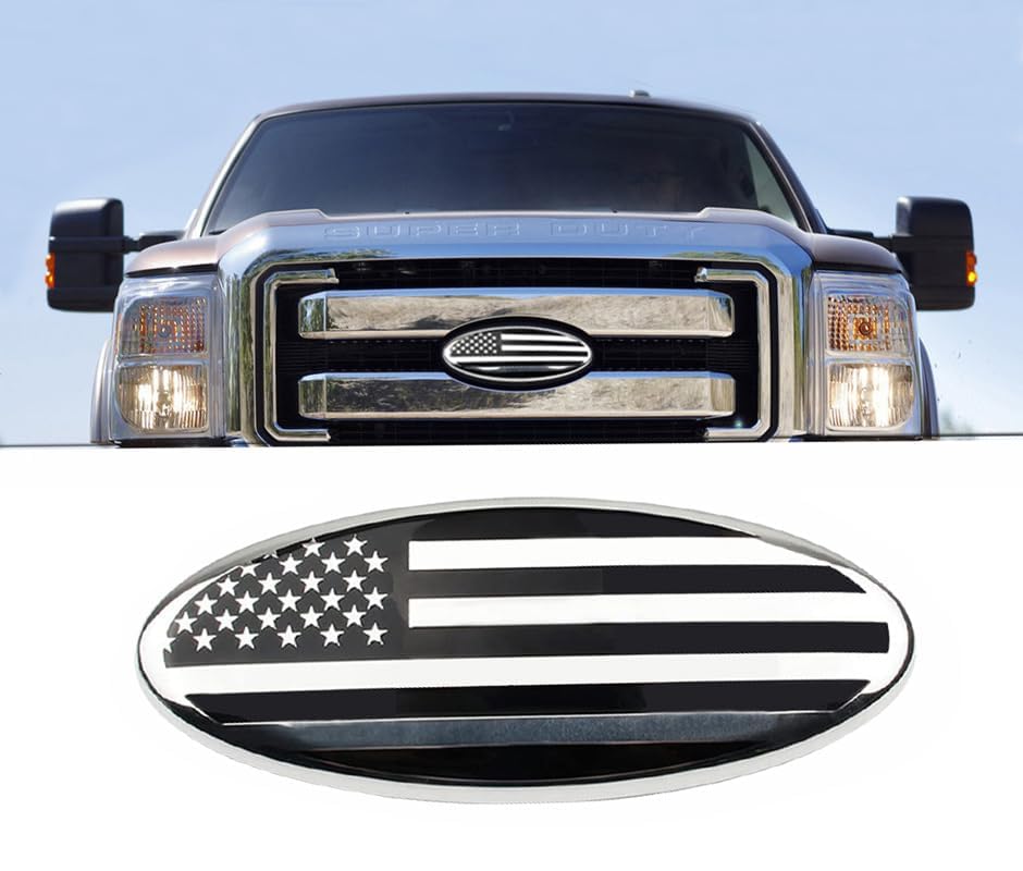 Image of 7 inch American Chrome and Black Flag Emblem Replacement for Ford, 7 inch x 2 3 /4 inch Oval Decal Badge Nameplate for F150 F250 F350 99 00 01 02 03 04 (7 Inch, Chrome and Black)