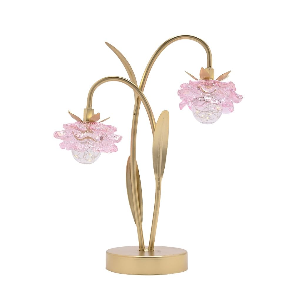 Britalia Gold Metal Double Stem with Pink Glass Flower Shades LED Battery Powered Table Lamp, 35.5cm Height