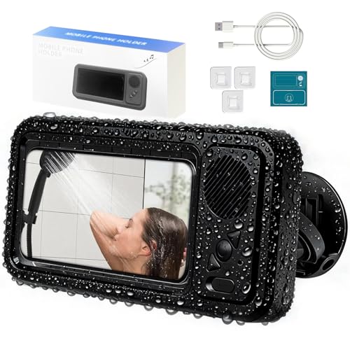 Enfriliv Waterproof Phone Holder with Speaker Shower Phone Holder Waterproof Shower Phones Holder with Wireless Bluetooth Speaker Aqua with 360 Rotation Ipx4 Shower Play (Black)