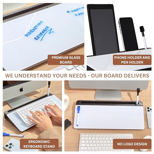 Image of GAROOD Desktop Dry Erase Board with Storage (Black Base) Desk White Board Desk Board Glass Desktop White Board with Stand Home Office Organizer Phone Holder 15.8X7X2 inches