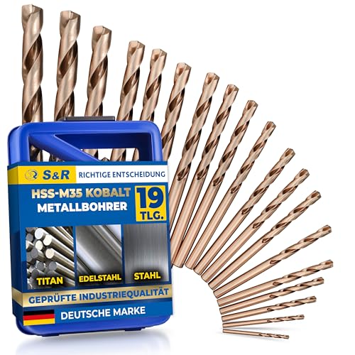 S&R Metallbohrer-Set 19-tlg, Metall Bohrerset HSS-G Co5, Kobalt-legiert, Hochleistungsbohrer für Edelstahl und hochfeste legierte Stähle, Größe 1,0-10 mm, DIN 1412 konischer Schliff 135 Grad S&R Metallbohrer-Set 19-tlg, Metall Bohrerset HSS-G Co5, Kobalt-legiert, Hochleistungsbohrer für Edelstahl und hochfeste legierte Stähle, Größe 1,0-10 mm, DIN 1412 konischer Schliff 135 Grad