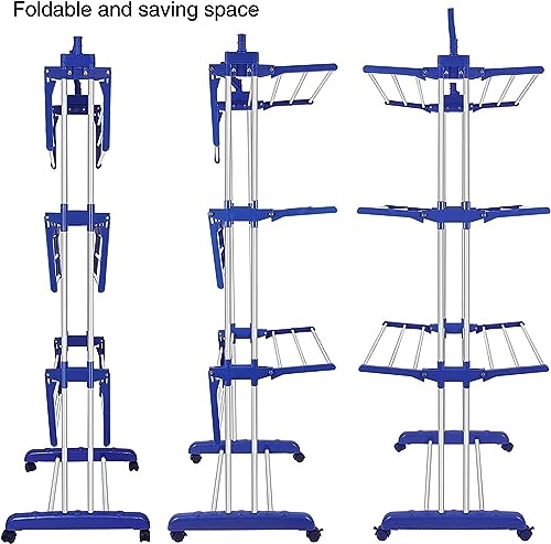 Image of Clothes Drying Rack, 3-Tier Folding Stainless Steel Laundry Rack with Side Wings Indoor & Outdoor Use Space-Saving Design (Blue)