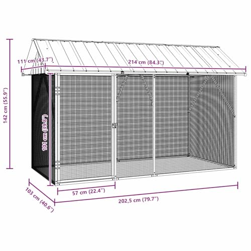 QUAHEAS Vogelkäfig Anthrazit aus verzinktem Stahl 227 x 112 x 141 cm großer Außen Voliere mit Gitter, Sitzstange, Napf und Spielplatz für Papagei, Wellensittich, Kanarienvogel, Nymphensittic-5