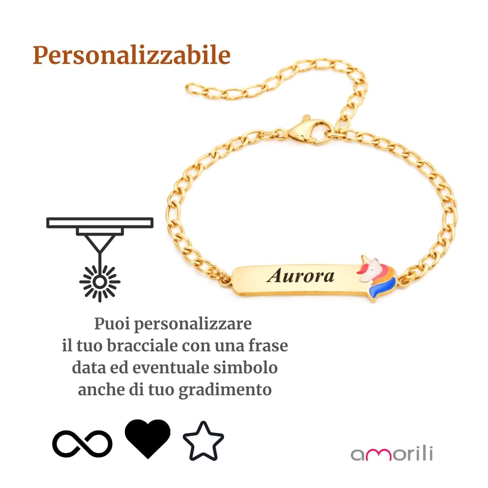 Bracciale Bimba Personalizzato Personalizzabile con Incisione Nome in Acciaio Inox Dorato – Ciondolo Unicorno Smaltato – Braccialetto Bambina Regolabile – Idea Regalo Elegante