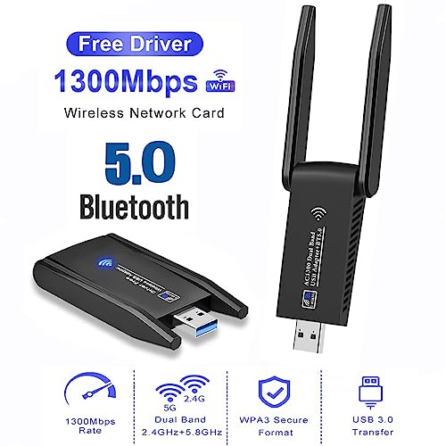 AC1300 Dual Band WiFi Wireless Network Card + BT 5.0 Adapter USB 3.0 1300M 802.11ac Adapter Bluetooth 5.0 with Antenna for Laptop PC 2.4GHz + 5.8GHz Mini Dongle