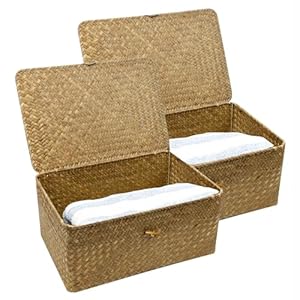 Shelf Storage Baskets with Lid, 2-Pack Wicker Storage Bakset, Woven Seagrass Decorative Boxes Storage Basket, Coffee Large+XLarge Shelf Storage Baskets with Lid 2 Pack Wicker Storage Bakset Woven Seagrass Decorative Boxes Storage Basket Coffee LargeXLarge