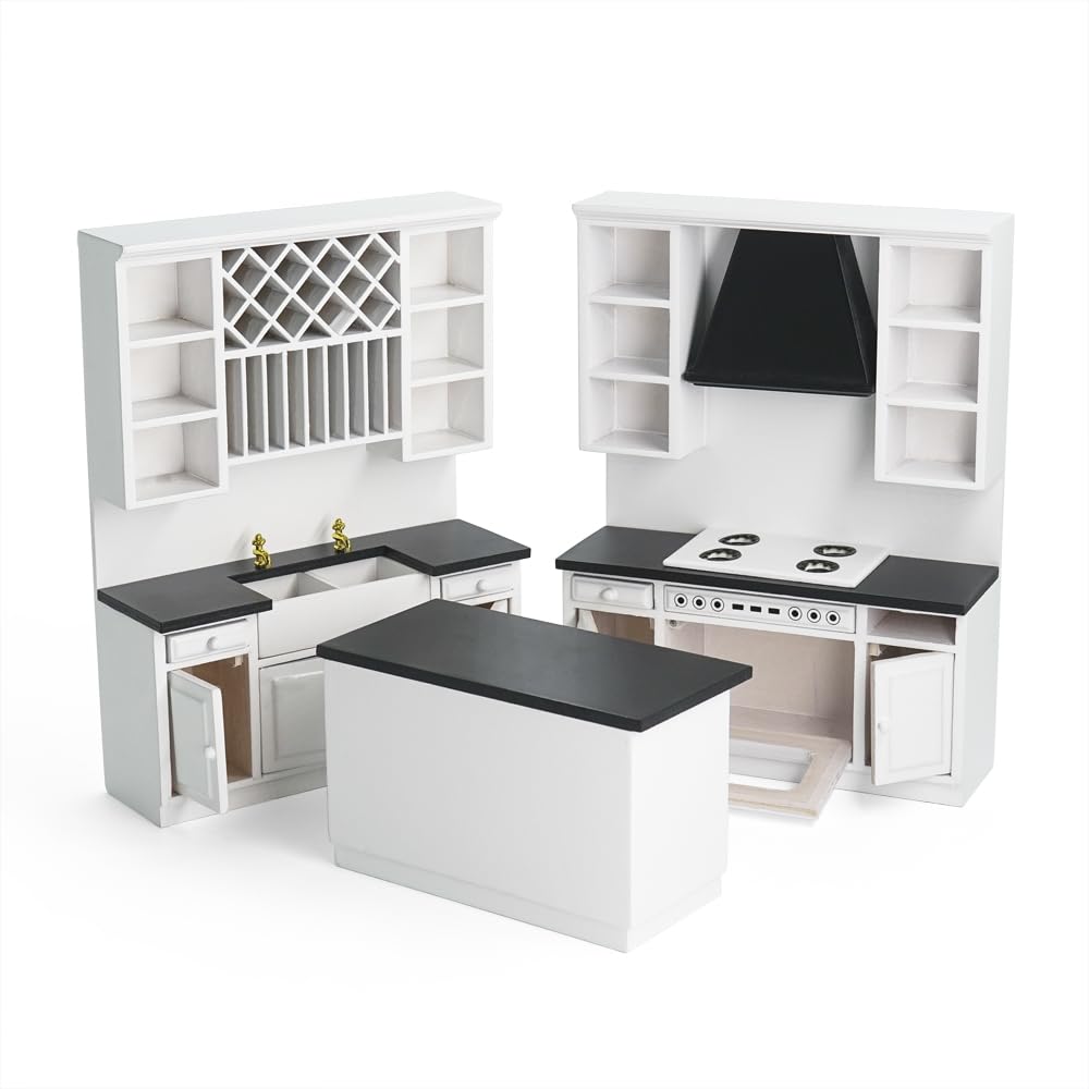 Odoria Puppenhaus Küchenzeile Miniatur Küchenmöbel: 1/12 Maßstab Küchentheke Spüle Backen Ofen Herd Modern Weiß - Mini Kücheninsel Schrank Holz Modell - Mikro Kochen Möbel Diorama DIY Handwerk