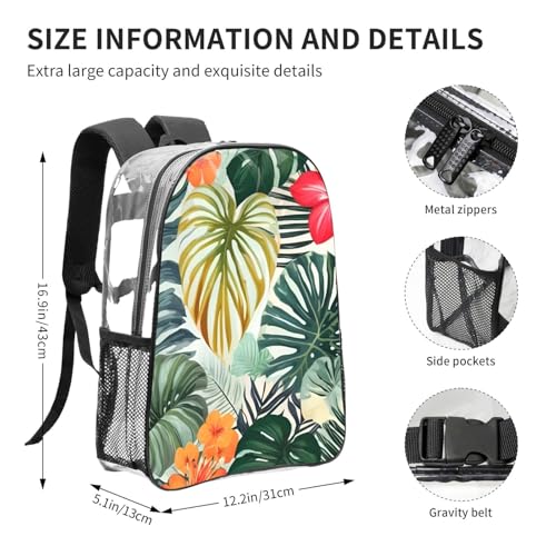 Leaves with Hibiscus Print Transparent Backpack PVC Bag Spacious Compartments Men Women Trip And Daily Use4